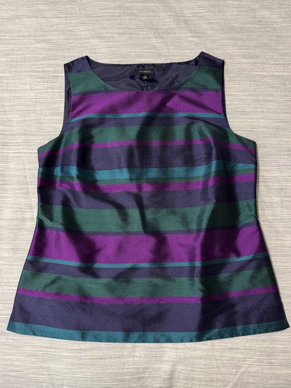 Talbots 100% Silk Striped Sleeveless Shell Top Blouse Purple Green Jewel Tone 10